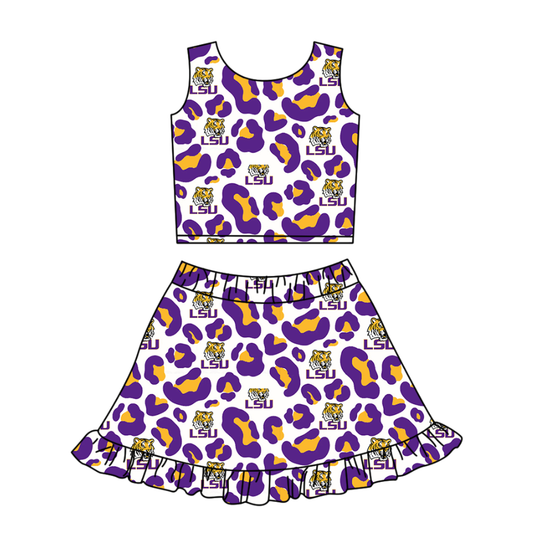 Preorder (moq 5)Baby Girls Purple Leopard LSU Tiger Vests Ruffle Skirt Shorts Team Clothes Set