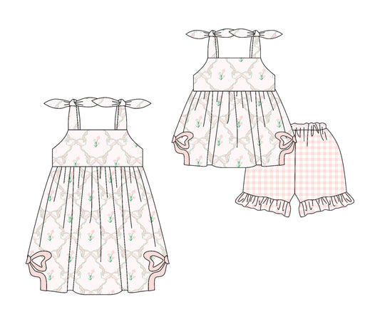 Preorder moq 5 Custom Baby Girls Strap Flowers Bows Tunic Ruffle Plaid Short Set Knee Length Dresses