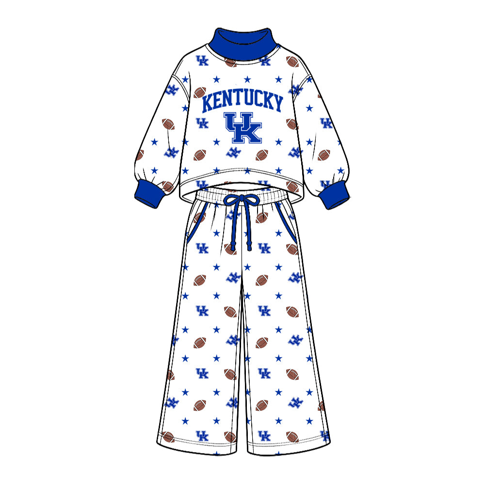 Preorder (moq 5) Baby Girl Clothes Kentucky Wildcats UK Logo Football Star Allover Print Long Sleeve Mock Neck Top Wide Leg Pant Outfit Set