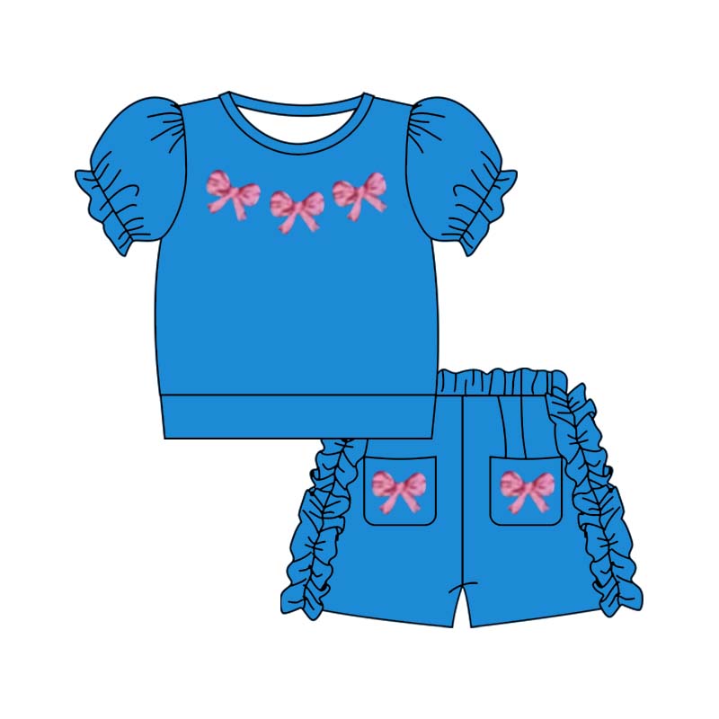 Preorder (moq 5)Baby Girls Blue Bows Shirt Pocket Shorts Outfits Clothes Sets