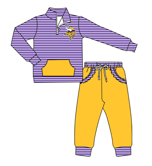 Preorder (moq 5)Baby Girls Purple Stripe Vikings Zip Pullover Pockets Jogger Team Clothes Sets