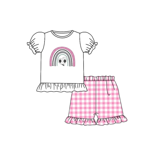 Baby Girls Rainbow Soccer Tee Top Ruffle Shorts Clothes Sets preorder(moq 5)