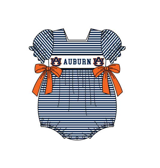 preorder(moq 5) Baby Girls Navy Stripe Short Sleeve Auburn Team Ruffle Rompers