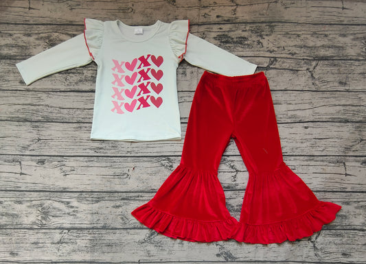 Baby Girls White Valentines XOXO Shirt Top Velvet Bell Pants Clothes Sets