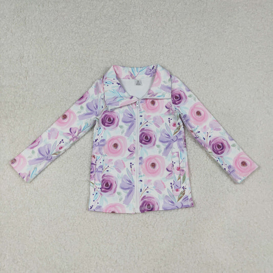 Baby Girls Purple Floral Bows Zipper Pockets Yoga Active Jackets Top