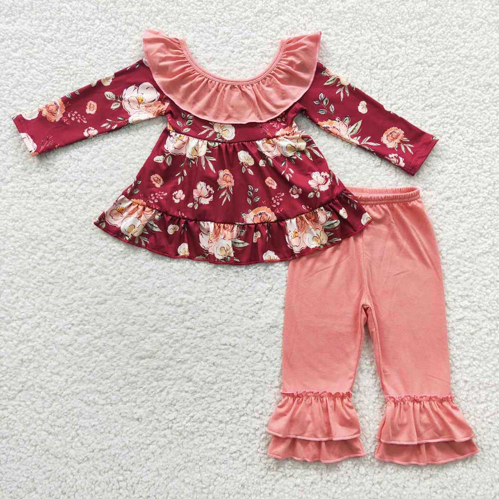 Baby Girls Wine Flowers Tunic Ruffle Pants Clothes Sets