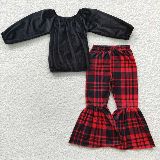 Baby Girls Velvet Top Bell Plaid Pants Clothes Sets