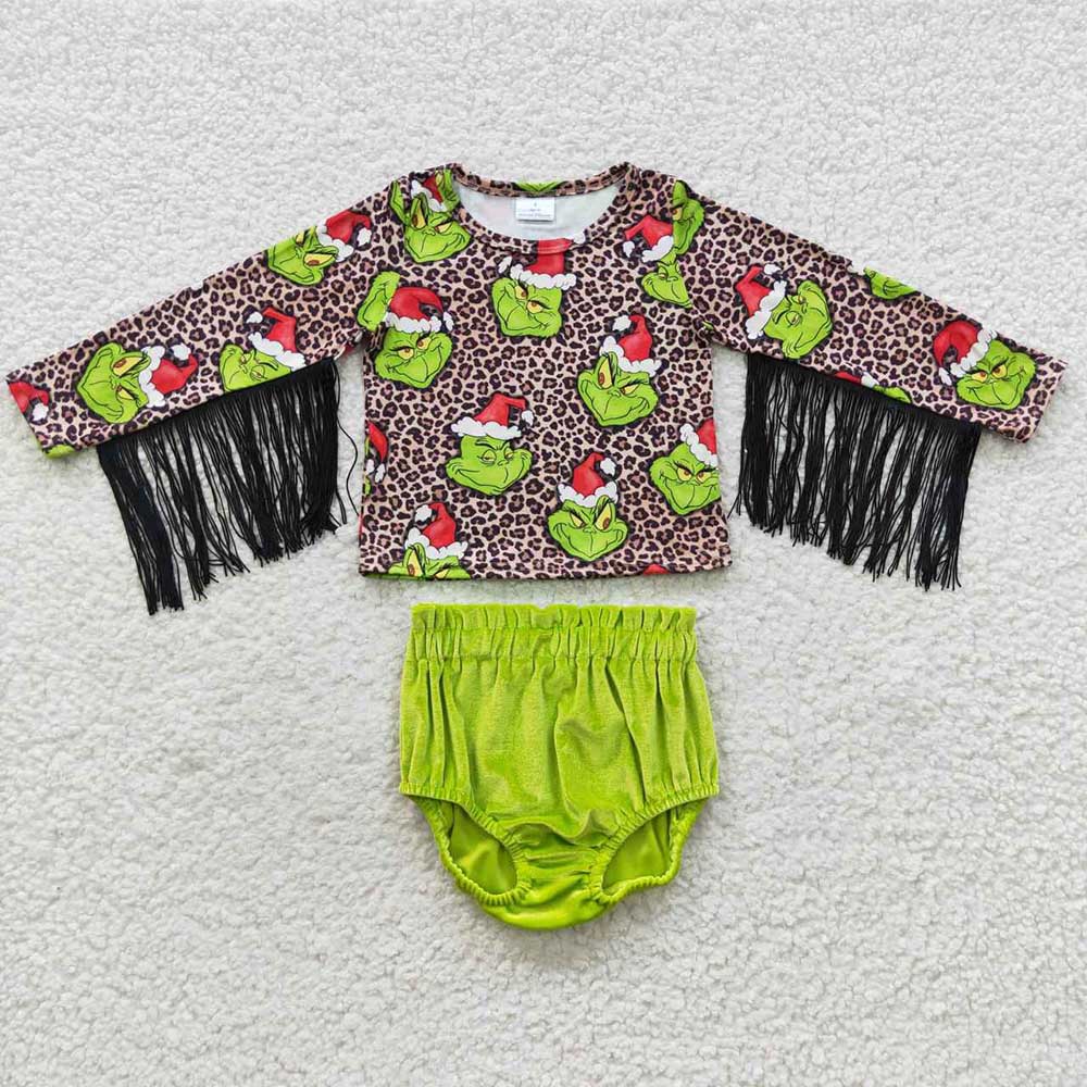 Baby Girls Christmas Frog Tassel Tops Velvet Bummie Sets