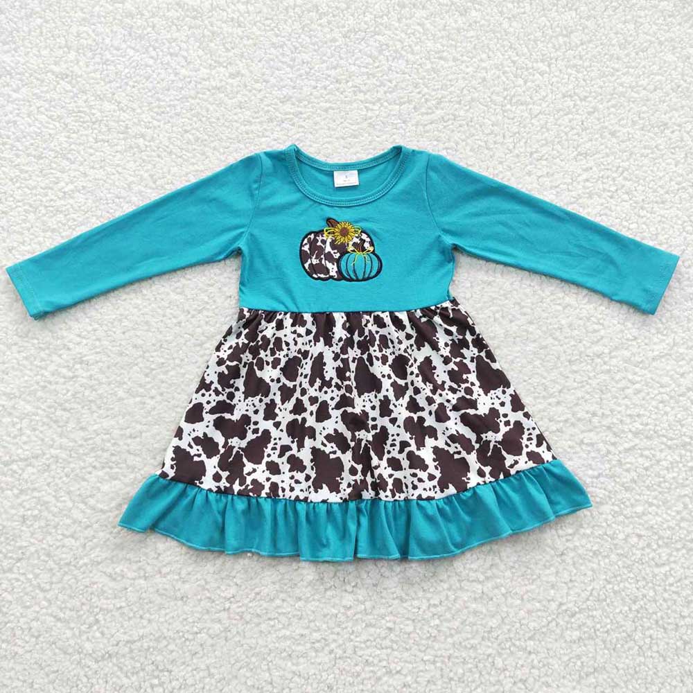 Baby Girls Pumpkin Cowhide Short Sleeve Ruffle Knee Length Dresses