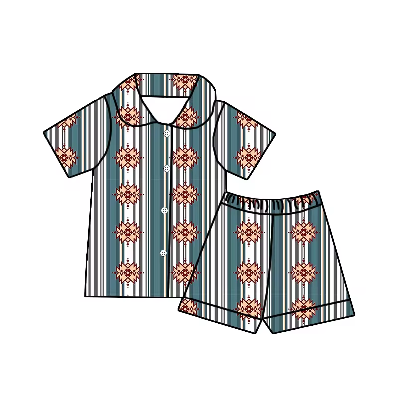 Baby Girls Stripes Aztec Buttons Shirt Shorts Pajamas Clothing Sets Preorder(moq 5)