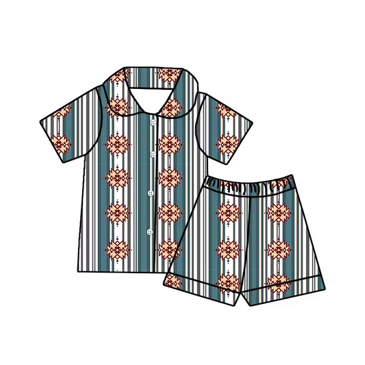 Baby Girls Stripes Aztec Buttons Shirt Shorts Pajamas Clothing Sets Preorder(moq 5)