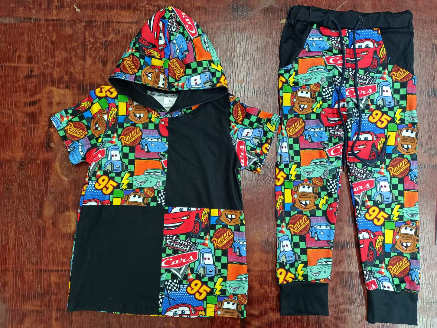 Preorder moq 5 Baby Boys Short Sleeves Cartoon Cars Hoodies Top Pockets Legging Pant Set