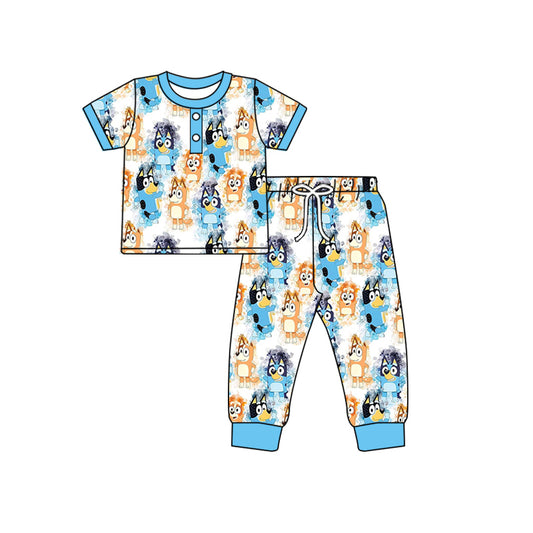Preorder (moq 5)Baby Boys Blue Dogs Buttons Top Pants Pajamas Clothes Sets