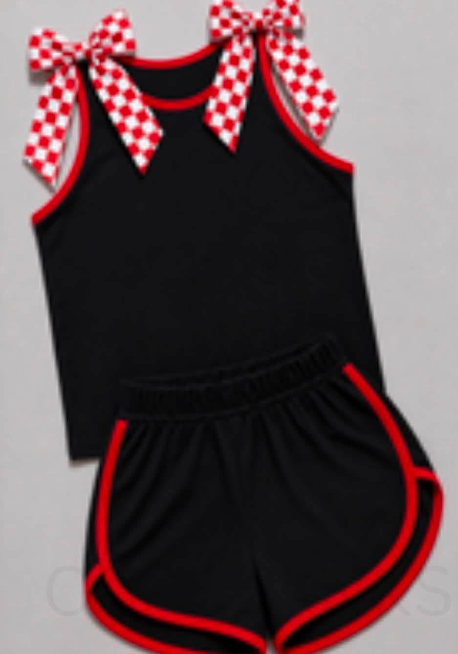 Preorder (moq 5)Baby Girls Black Red Checkered Bows Top Shorts Team Clothes Sets