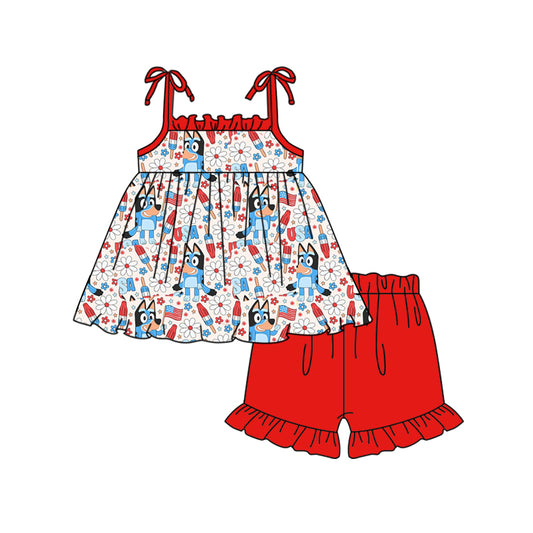 Baby Girls 4th Of July Dog Tunic Ruffle Shorts Clothes Sets preorder(moq 5)