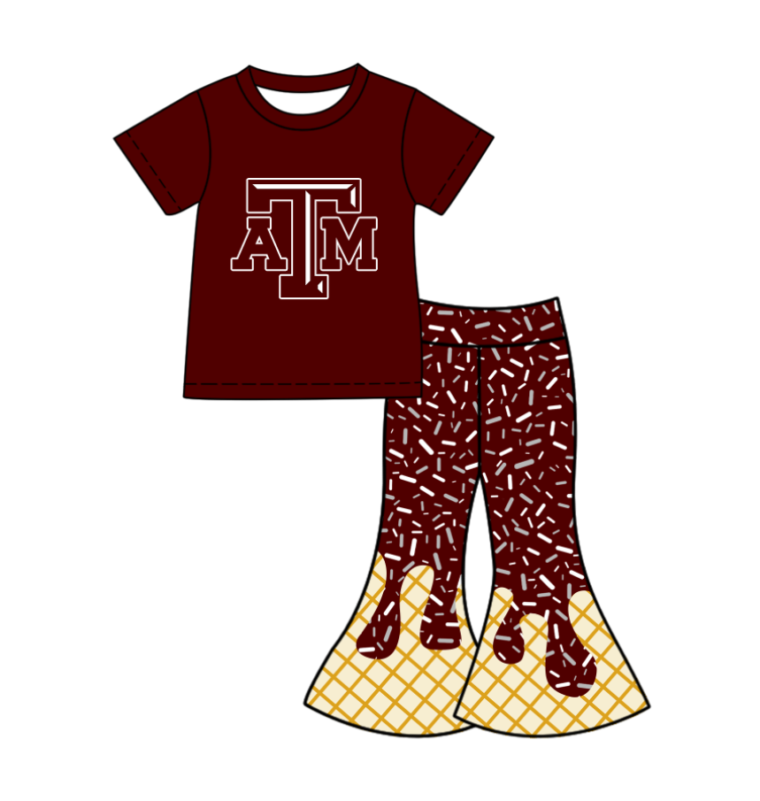 Preorder (moq 5)Baby Girls Dark Red ATM Top Drip Sprinkles Bell Bottom Pants Team Clothes Sets