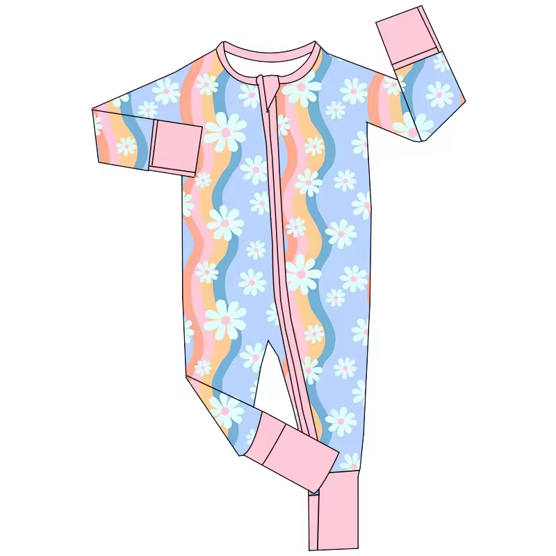 Baby Infant Girls Flowers Stripes Zip Long Sleeve Rompers preorder(moq 5)