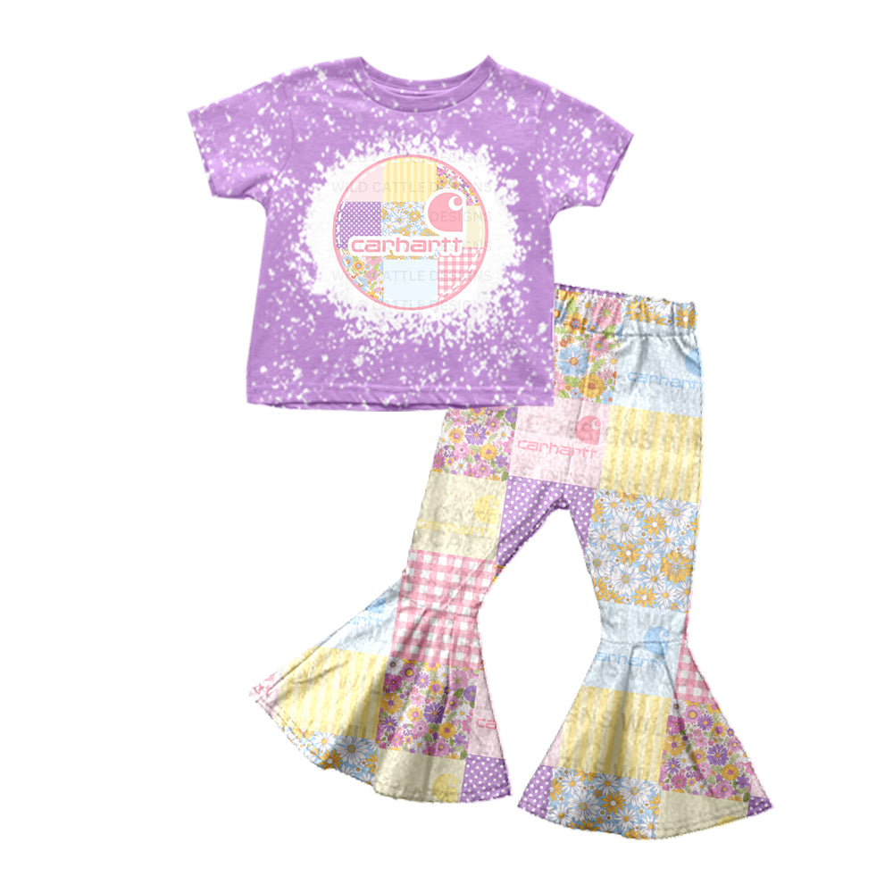 Baby Girls Purple Flowers Tee Shirts Tops Patchwork Bell Pants Clothes Sets preorder(moq 5)