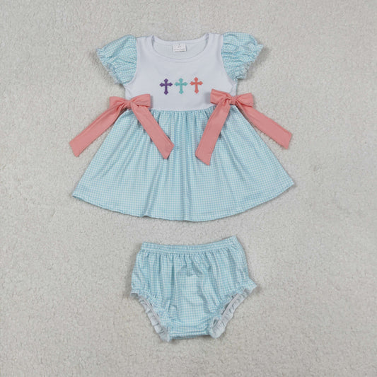 Embroidery Crosses Baby Girls Bows Tunic Bummies Easter Clothes Sets