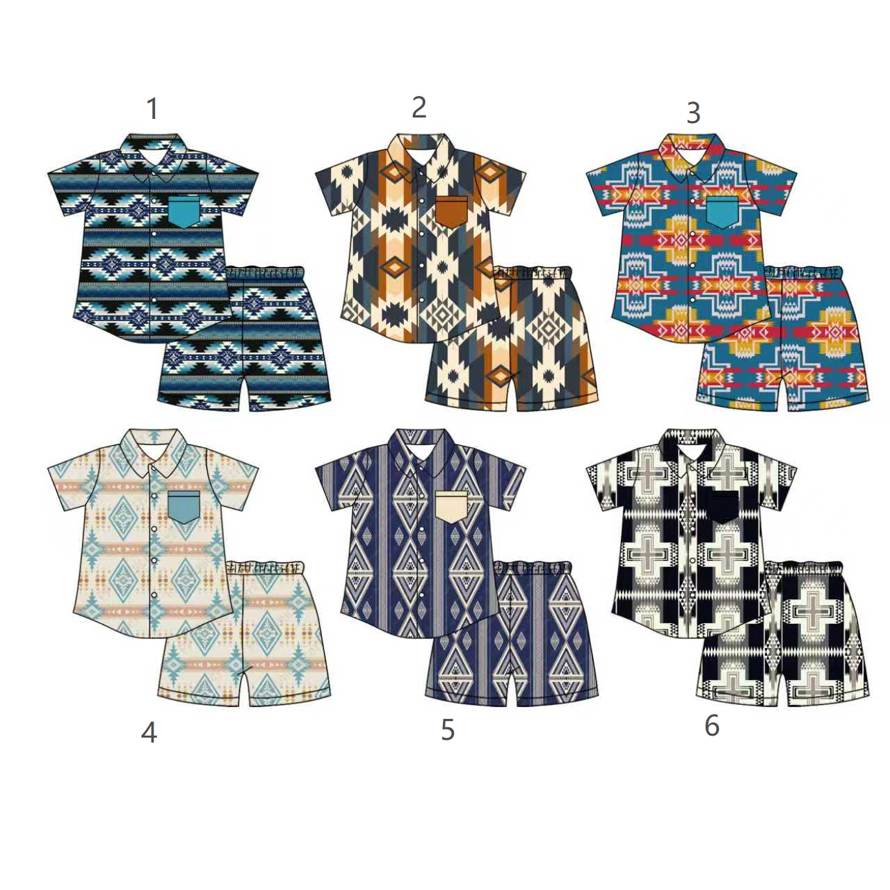 Preorder moq 5 (each item)Baby Girls Western Aztec Pocket Button Top Short Clothes Sets