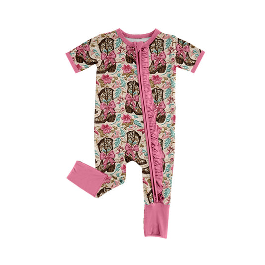 Preorder(moq 5)Baby Infant Girls Pink Boots Bows Zip Rompers Preorder(moq 5)
