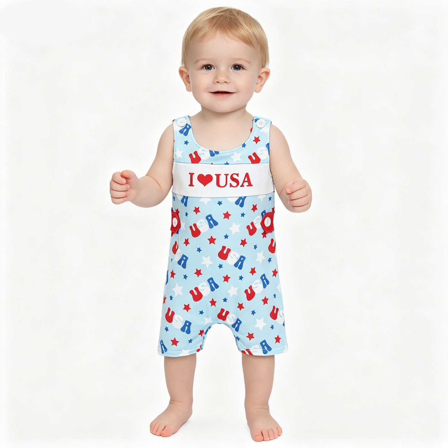 Baby Boys Sleeveless I Love USA Stars 4th of July Shorts Romper