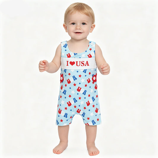 Baby Boys Sleeveless I Love USA Stars 4th of July Shorts Romper
