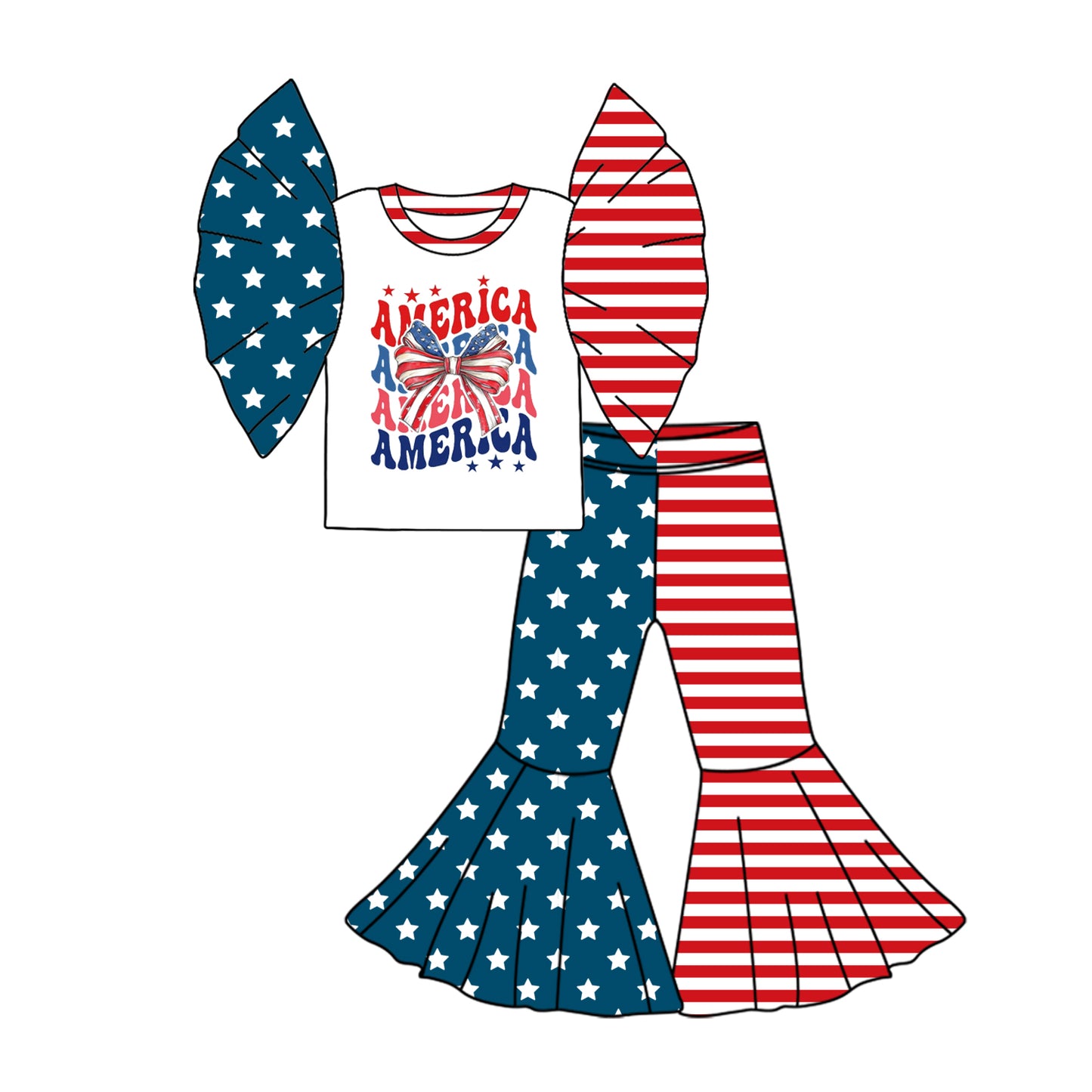 Preorder (moq 5)Baby Girls 4th of July America Bow Shirt Bell Pants Clothes Sets