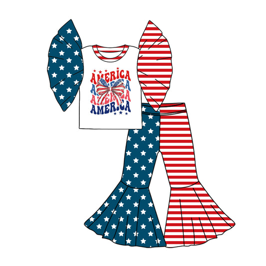 Preorder (moq 5)Baby Girls 4th of July America Bow Shirt Bell Pants Clothes Sets