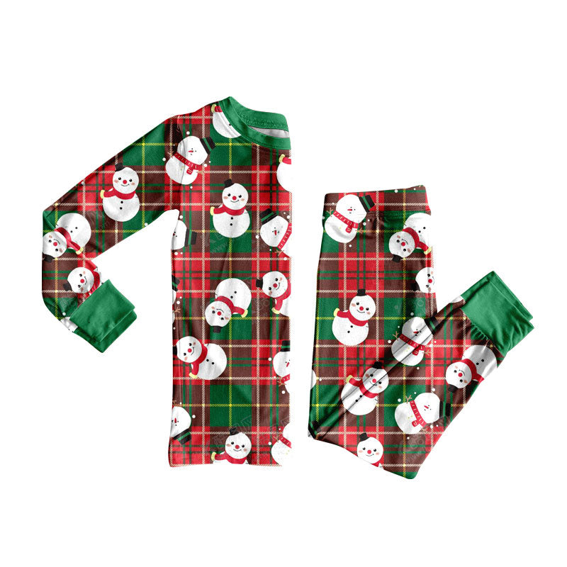 Preorder (moq 20)Baby Boys Bamboo Red Green Checked Snowmen Christmas Pajamas Sets