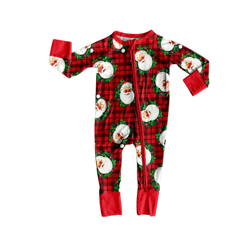Preorder (moq 20)Baby Girls Bamboo Red Black Checked Santa Christmas Zippy Footie Rompers