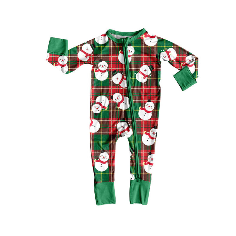 Preorder (moq 20)Baby Boys Bamboo Red Green Checked Snowmen Christmas Zippy Footie Rompers
