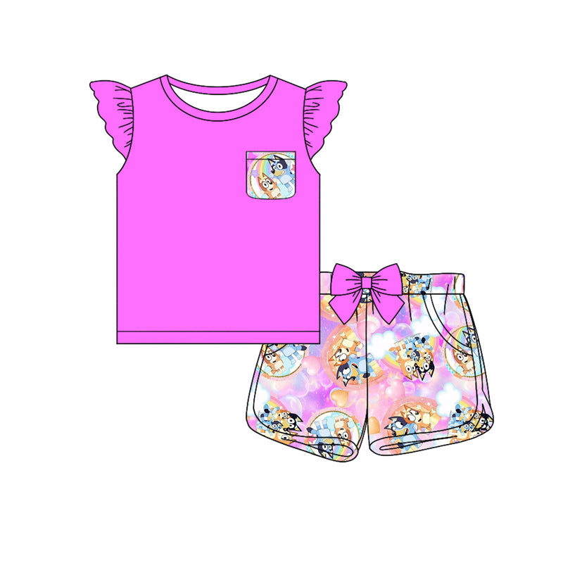 Preorder (moq 5)Baby Girls Hotpink Tee Top Tie Dye Dogs Shorts Clothes Sets
