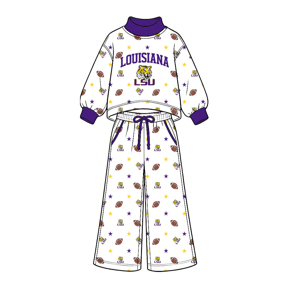 Preorder (moq 5) Baby Girl Clothes LSU Tigers Tiger Football Star Allover Print Long Sleeve Mock Neck Top Wide Leg Pant Outfit Set 2.