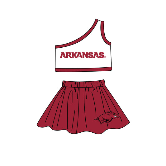 Baby Girls One Shoulder Arkansas Cheer Team Top Skirt Clothes Sets preorder(MOQ 5)