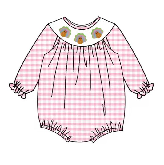 Preorder(moq 5)Baby Infant Girls Pink White Checked Turkey Thanksgiving Ruffle Rompers