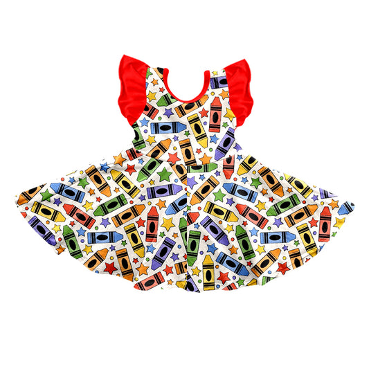 Baby Girls Back To School Crayon Flutter Sleeve Knee Length Dresses preorder(moq 5)