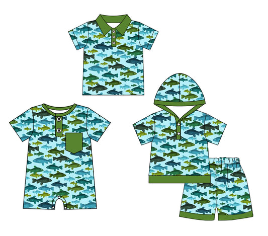 Preorder moq 5 Custom Baby Boys Green Button Fishes Hoodie Shorts Set Polo Shirts Rompers