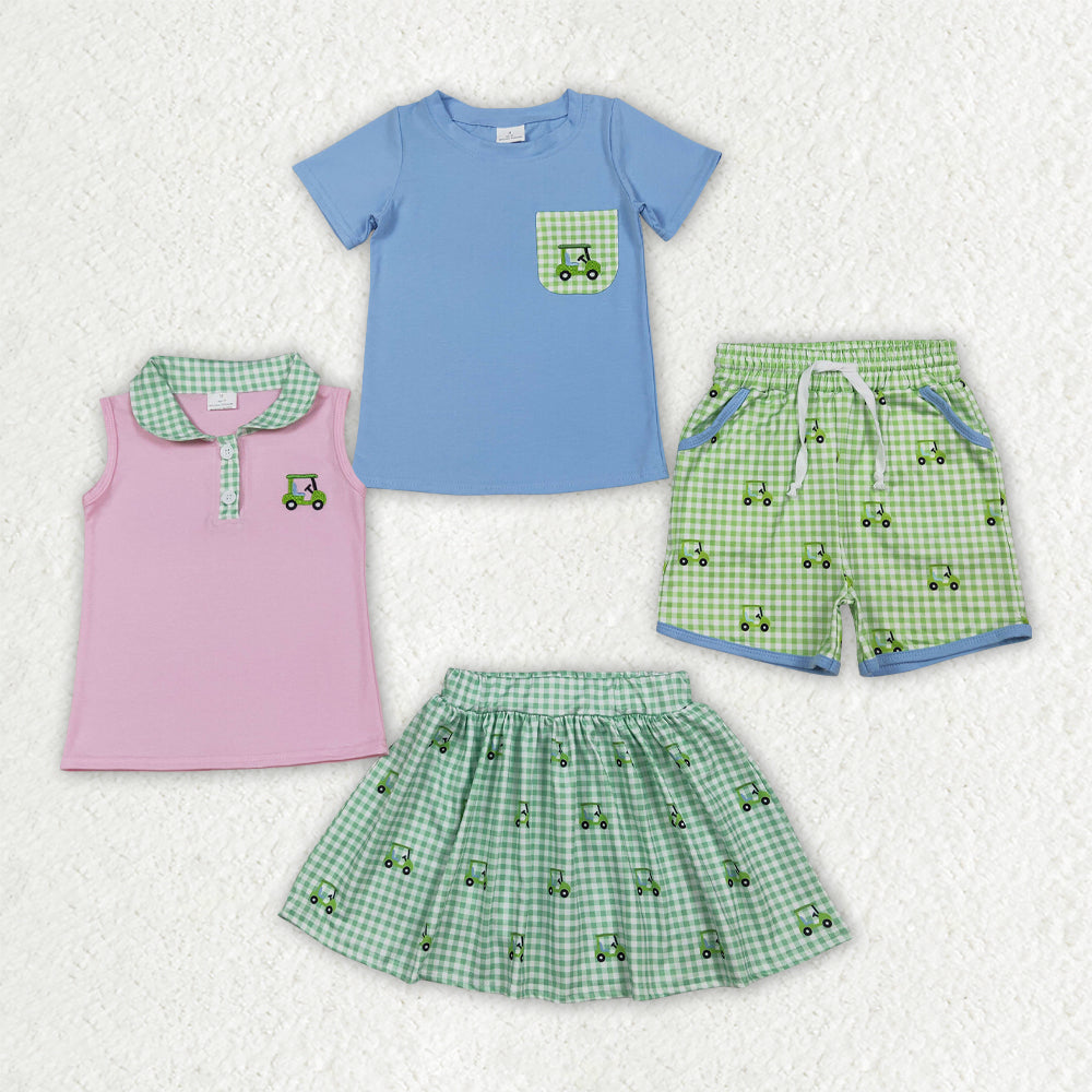 Sibling Baby Boys Girls Embroidery Golf Trucks Top Green Checked Skirt Shorts Clothes Sets
