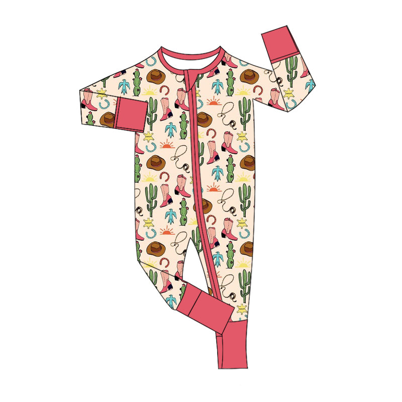 Baby Infant Girls Western Boots Cactus Zip Rompers preorder(moq 5)