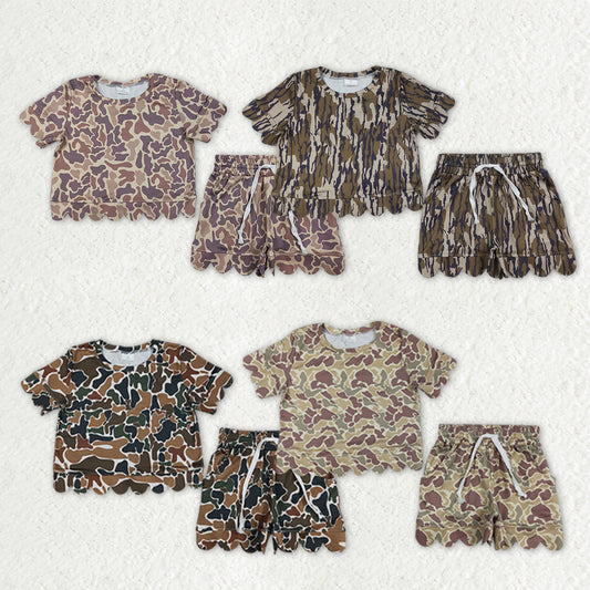 Sibling Baby Girls Short Sleeve Shirts Top Pockets Short Scallop Clothes Sets