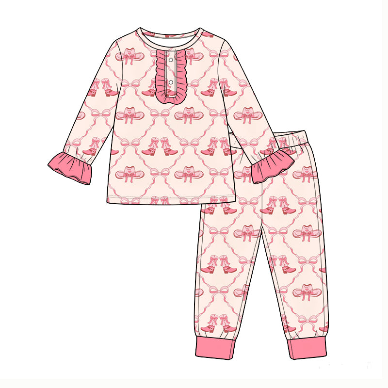 Pre-order(moq5)  Girls Clothes High-Quality Cute Print Ruffle Long Sleeve 2 Piece Pajama Set
