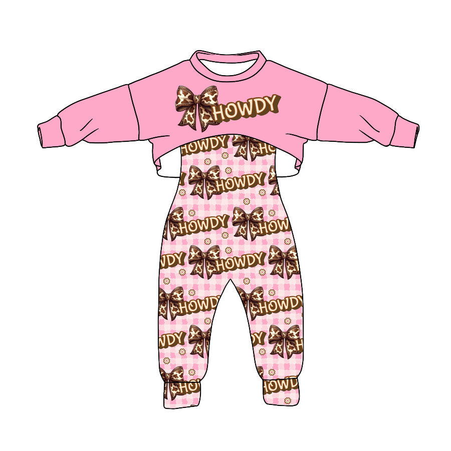 Preorder (moq 5)Baby Girls Pink Shirts Bows Howdy Checked Jumpsuits 2 Piece Clothes Sets