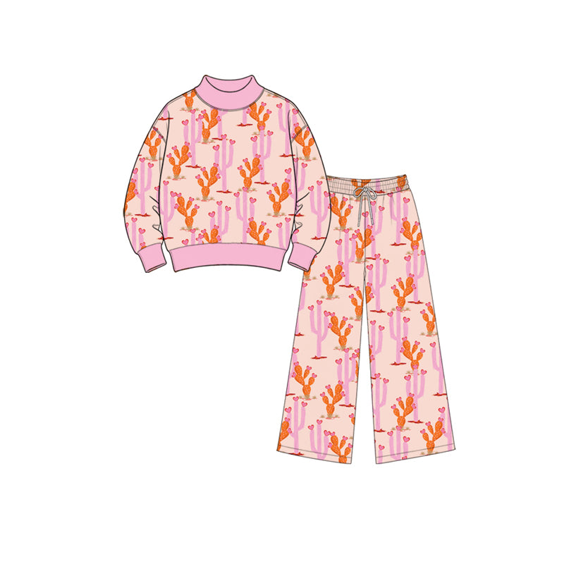 Preorder (moq5) Girls’ Pink Cactus Print Corduroy 2-Piece Set, Mock Neck Long-Sleeve Top with Wide-Leg Pants, Fall Outfit