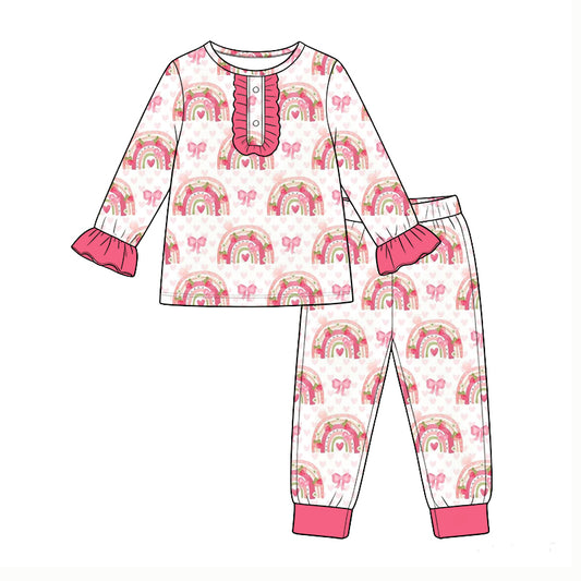 Preorder (moq5) Baby Girls Hearts Rainbows Button Top Pant Valentines Pajamas Set