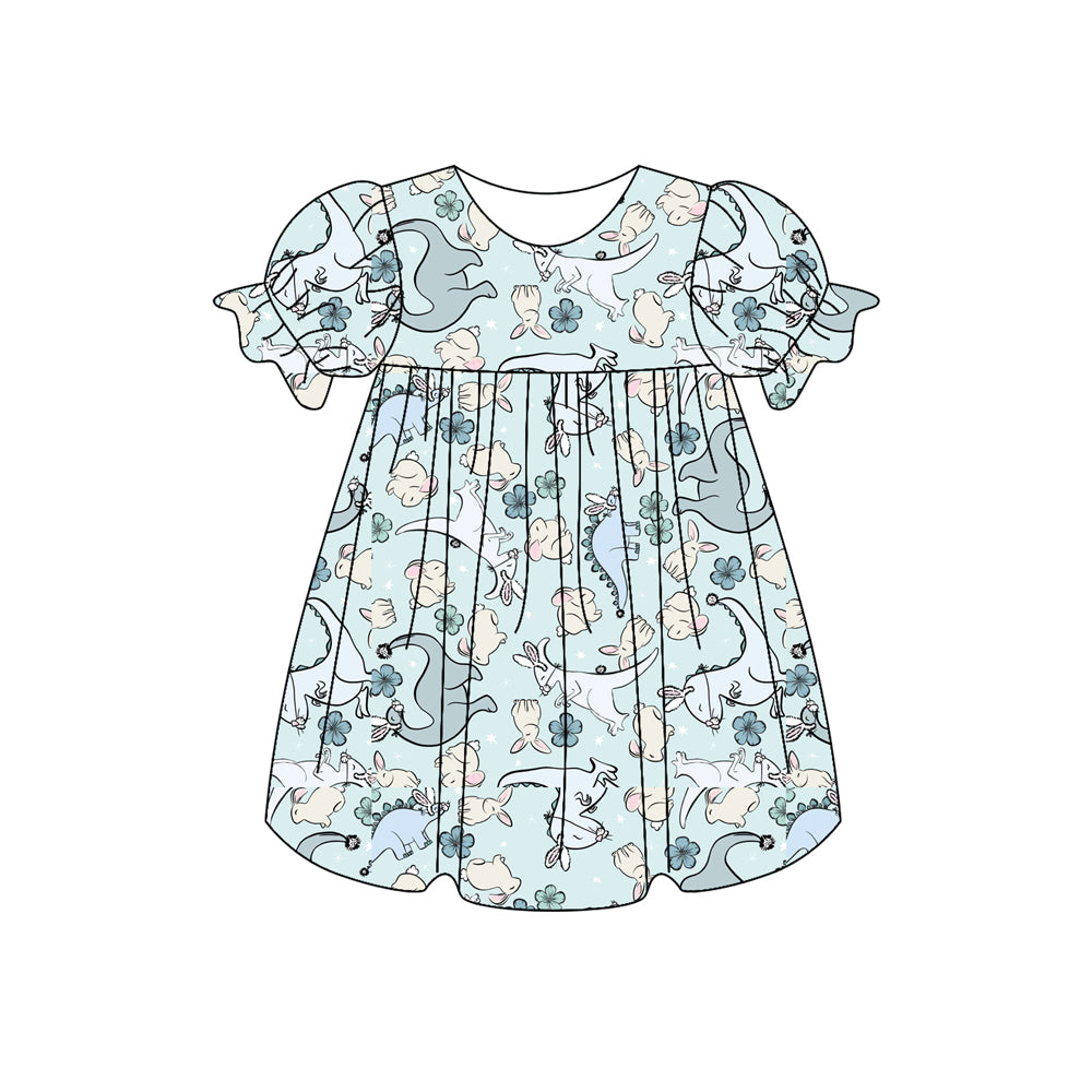 Preorder (moq 5)Baby Girls Rabbit Dinosaur Flowers Easter Knee Length Dresses