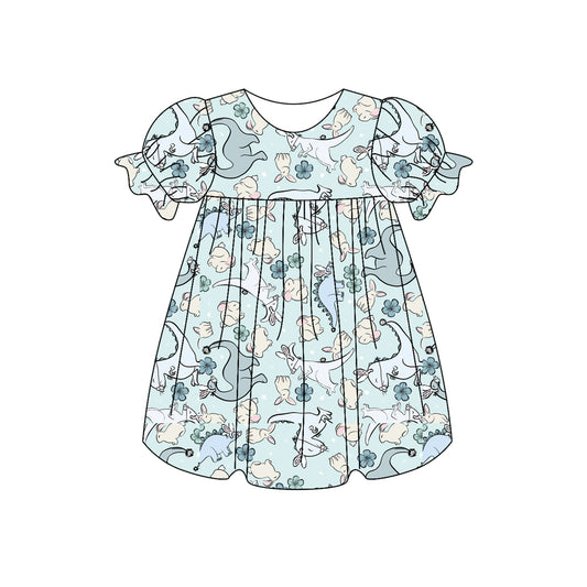 Preorder (moq 5)Baby Girls Rabbit Dinosaur Flowers Easter Knee Length Dresses