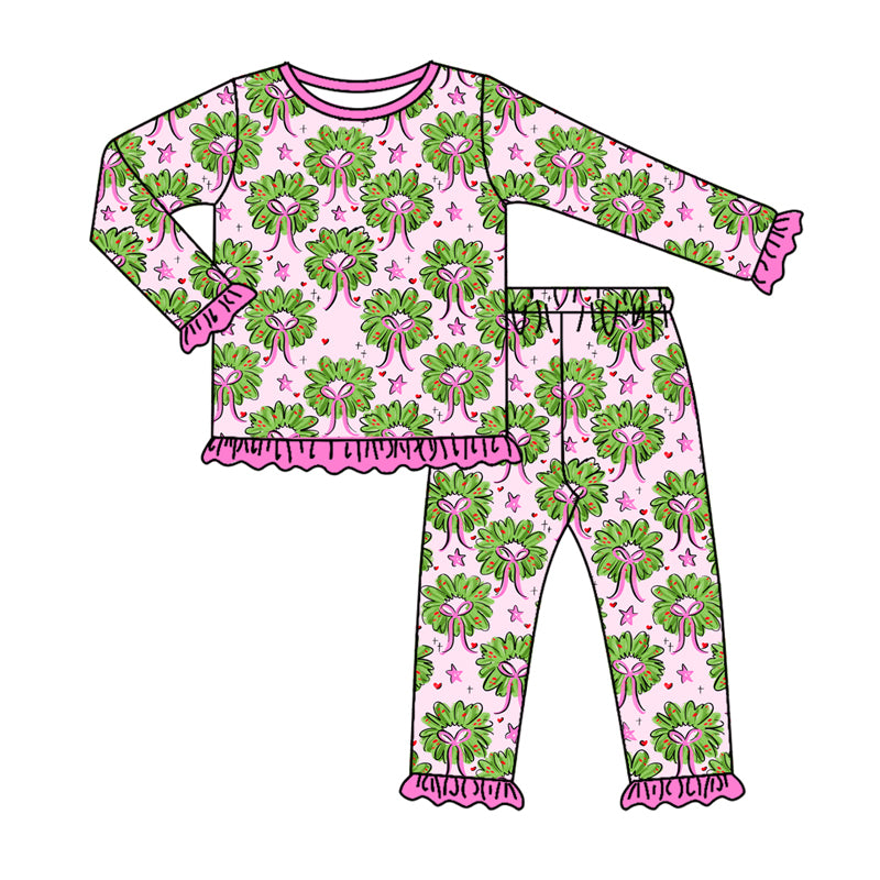 Preorder(moq 5) Baby Girls Long Ruffle Sleeves Holly Bows Plaid Top Pants Pajamas Set