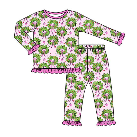 Preorder(moq 5) Baby Girls Long Ruffle Sleeves Holly Bows Plaid Top Pants Pajamas Set