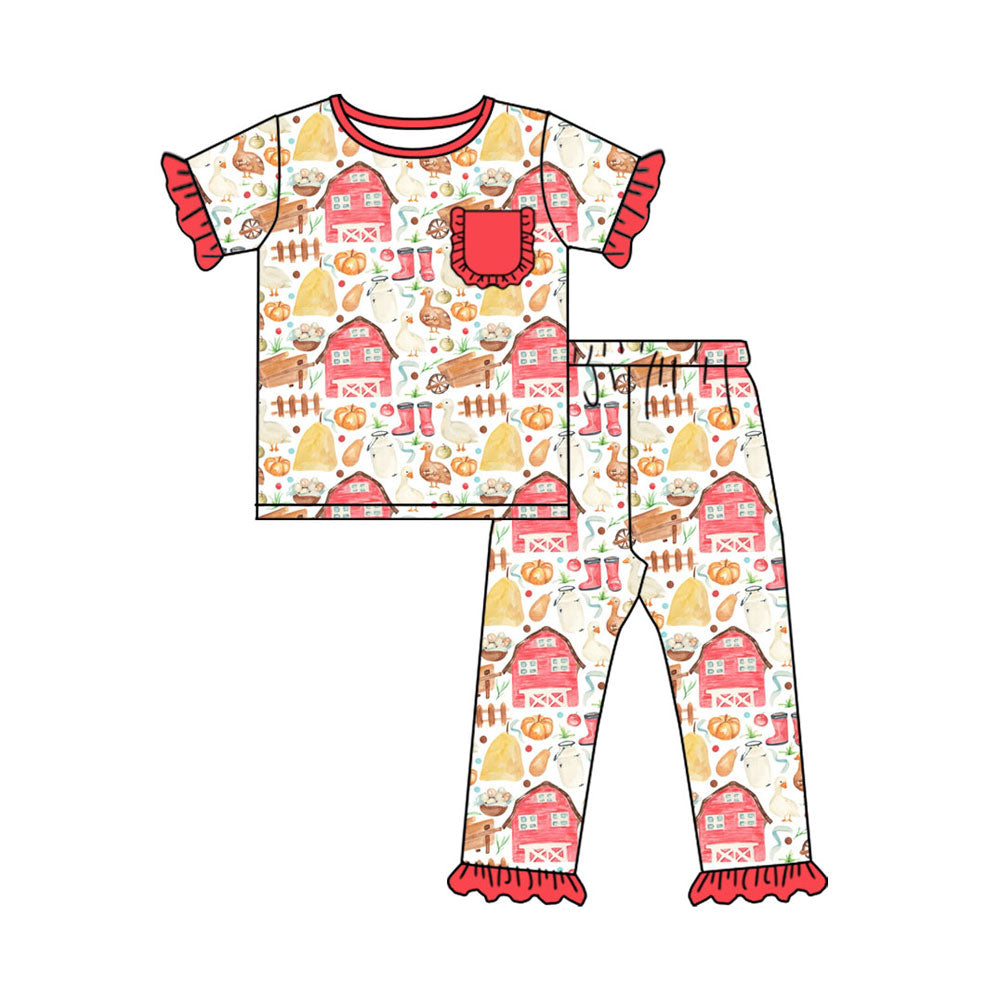 Preorder (moq 5)Baby Girls Short Sleeve Chicks Pocket Top Ruffle Pant Farm Pajamas Sets